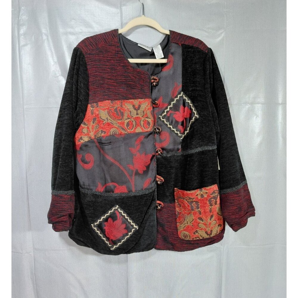 Vtg Fashion‎ Bug Patchwork Chenile Jacket 14/16W Fall Leaf Pattern Patch Pocket